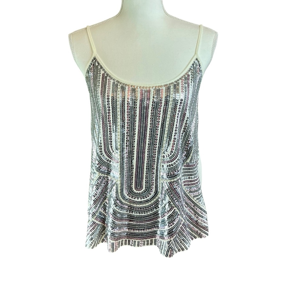EXPRESS Sequin Art Deco Tank Top Sz‎ M Y2K 90s Embellished Knit Cropped Camisole